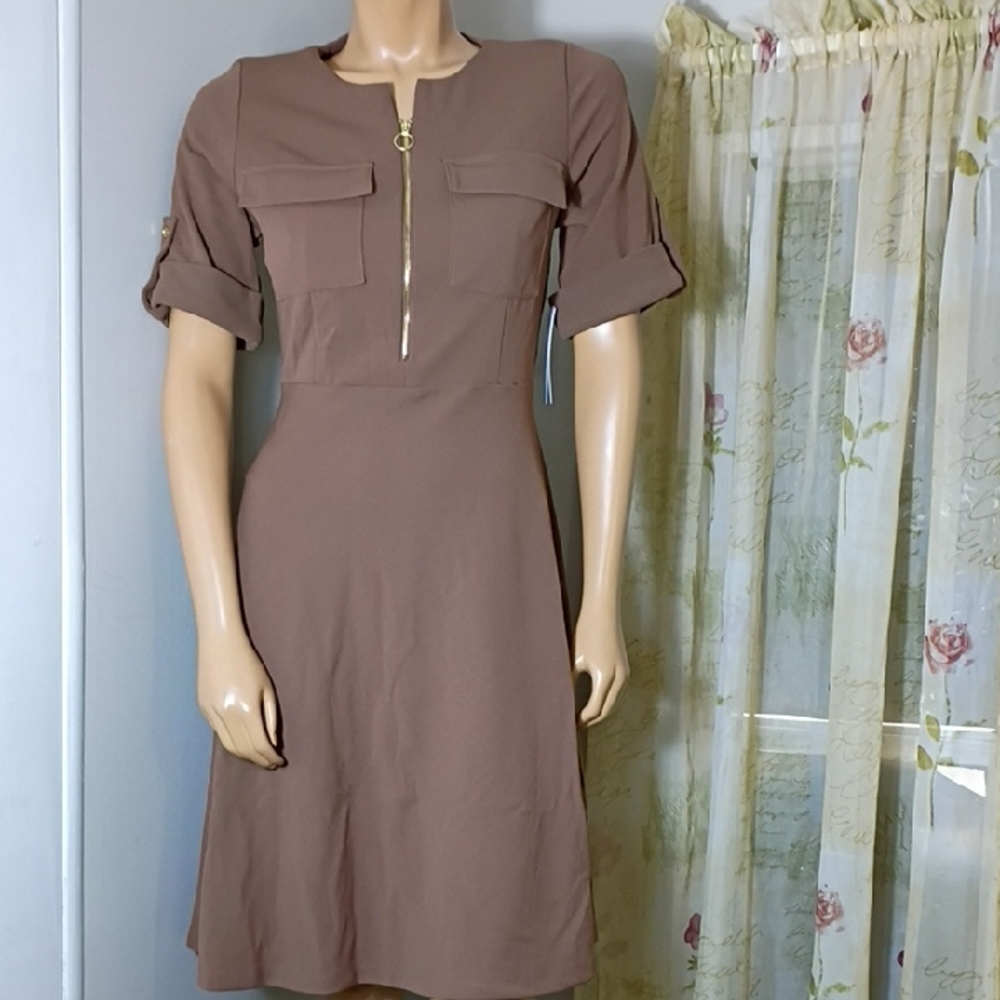 Shelby & Palmer Tan Midi Dress with Zipper